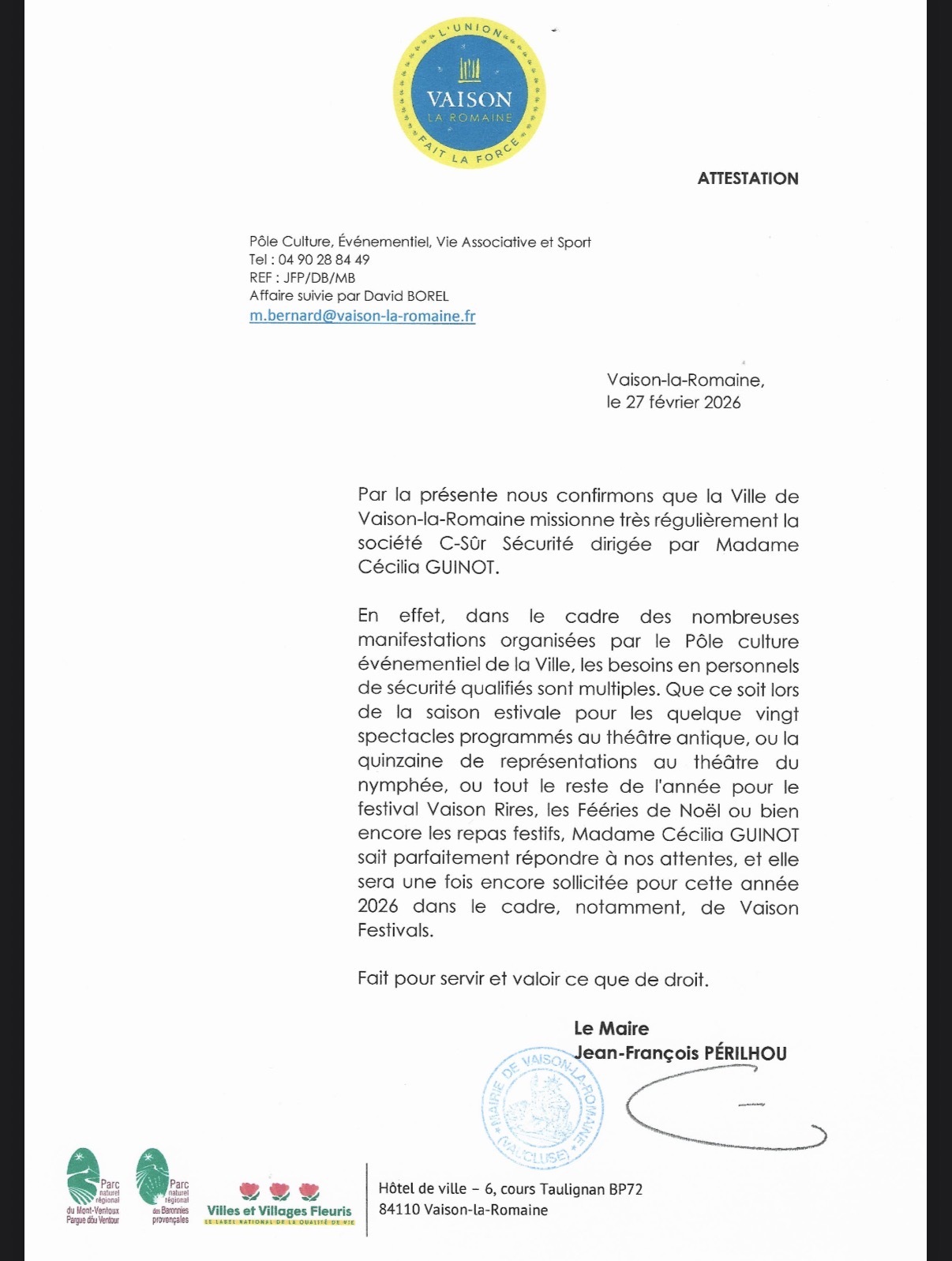 Courrier de recommandation de la Ville de Vaison-la-Romaine pour Cé-Sûr