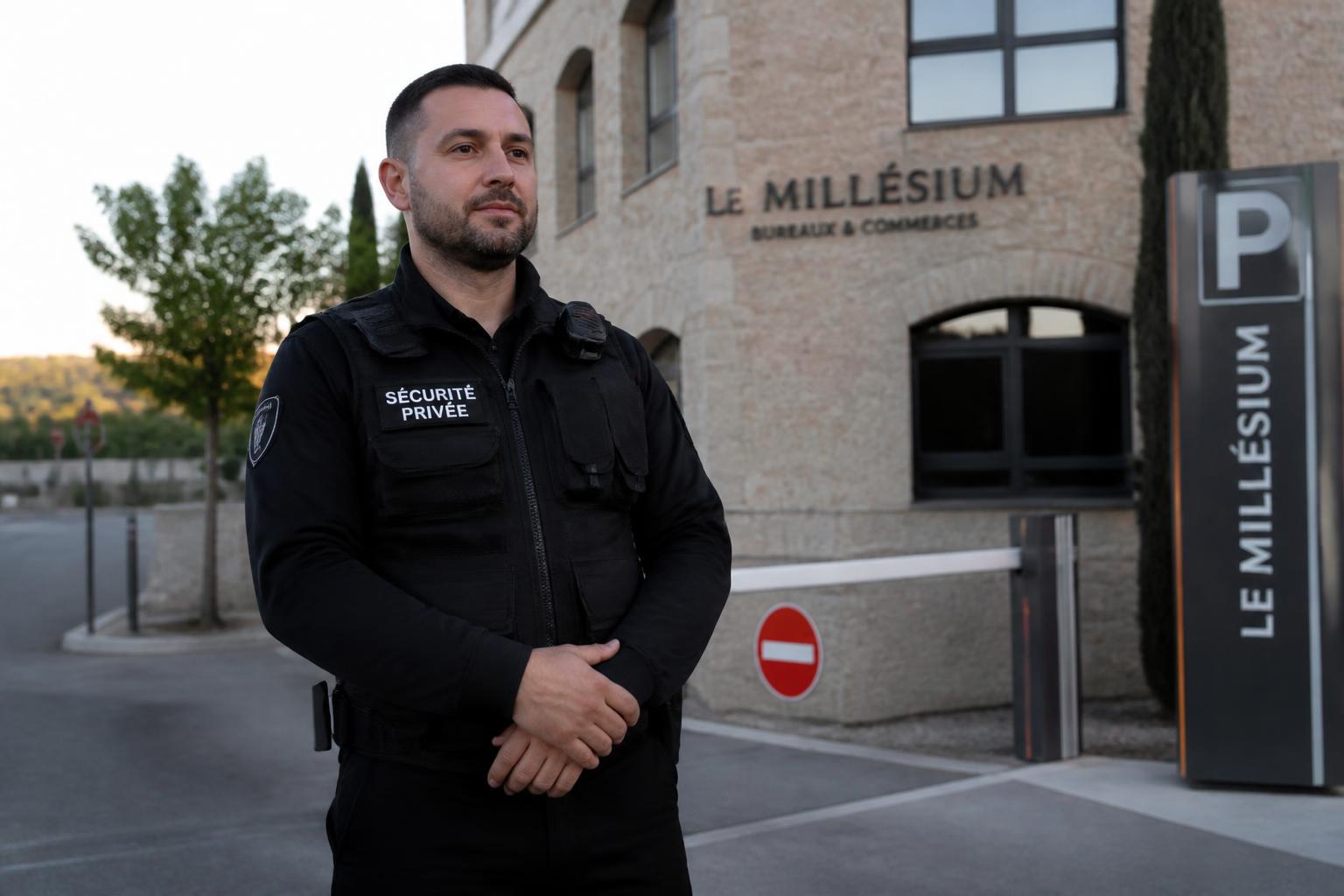 Agent de sécurité privée en mission de gardiennage devant un site professionnel français